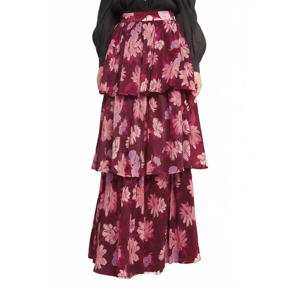 NEW FLYING TOMATO blossom & bordeaux tiered skirt in red